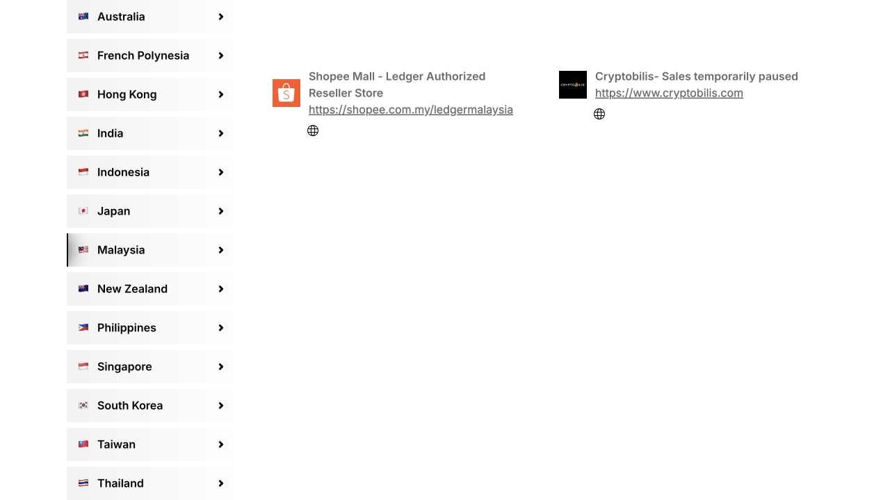 Ledger's Malaysia reseller directory on October 12, 2026, showing CryptoBilis with sales temporarily paused.